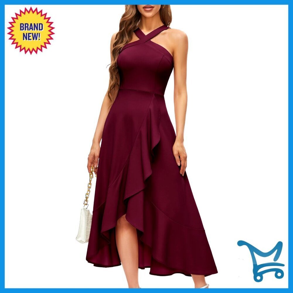 Halter Maxi Dress Ruffled Hem Elegant Formal Evening Party Prom Wear